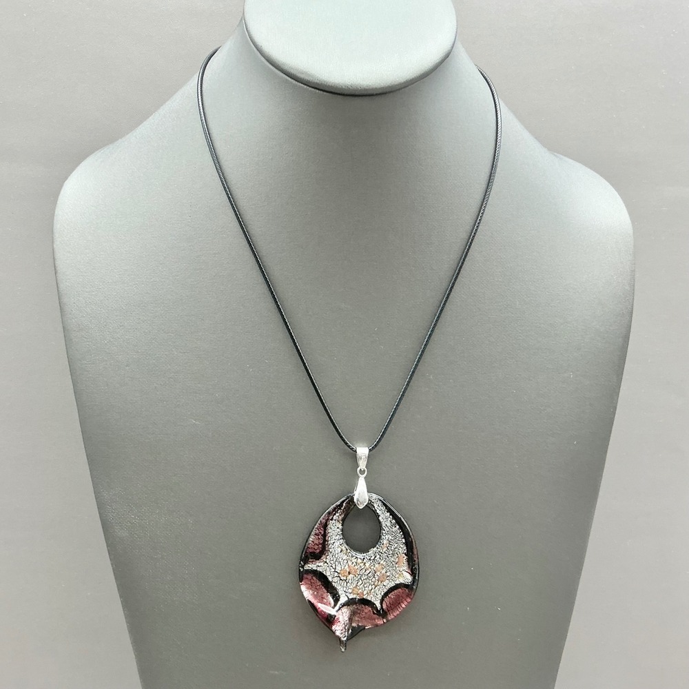 Art Glass Pendant Necklace Women Black Pink Silver Foil Abstract Cord Jewelry
